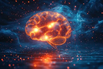 Glowing digital brain with bright neural connections floating over a reflective surface surrounded by blue abstract mist and orange particles