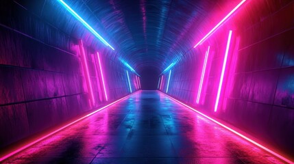 Futuristic tunnel illuminated with vibrant neon pink and blue lights creating a glowing pathway into darkness, evoking a sense of mystery and anticipation