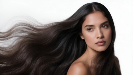 Fototapeta premium Hispanic woman with long healthy hair flowing, haircare beauty concept