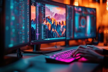 Person typing on a glowing pink keyboard with multiple large monitors displaying colorful coding and mountainous landscape wallpaper in a dimly lit room