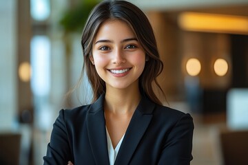 Young woman with long dark hair wearing a black blazer and white shirt smiling confidently indoors with blurred office background