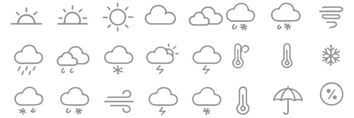 Weather icons. Weather forecast icon set. Clouds logo. Weather , clouds, sunny day, moon, snowflakes, wind, sun day. Vector illustration.
