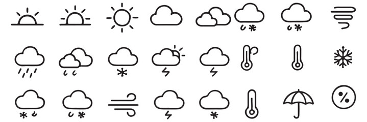 Weather icons. Weather forecast icon set. Clouds logo. Weather , clouds, sunny day, moon, snowflakes, wind, sun day. Vector illustration.