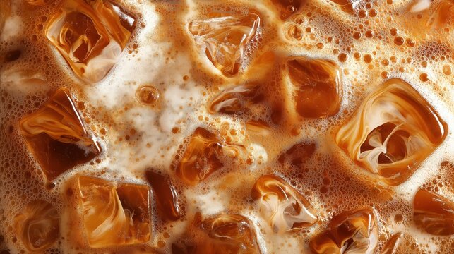 a refreshing iced coffee, a macro and full-frame texture shot, close-up texture, top view