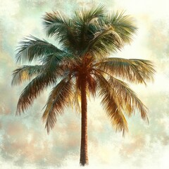 Obraz premium A tall palm tree with lush green fronds standing against a cloudy blue and soft pastel sky evoking a calm and tropical atmosphere