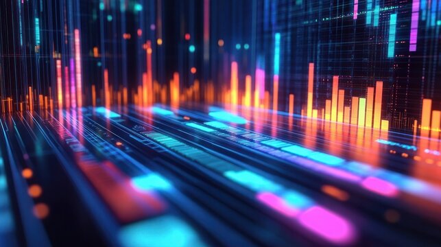 Futuristic digital interface with vibrant multicolored bar charts and data streams glowing in a dark space, conveying dynamic information flow and technology advancement - Powered by Adobe