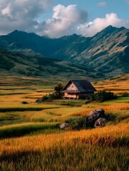Mountain Valley with Hut and Fields