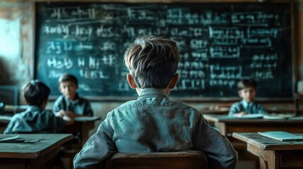 Young children sitting at wooden desks facing a blackboard filled with mathematical formulas in a classroom, evoking a focused and contemplative atmosphere