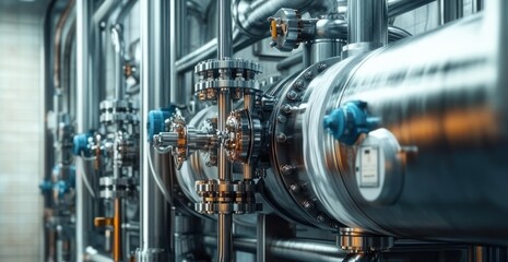 Close-up view of shiny stainless steel industrial pipes and valves in a factory setting conveying a sense of precision and advanced technology