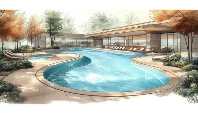 Modern outdoor swimming pool surrounded by lounge chairs, trees with autumn foliage, and a contemporary building with large glass windows on a sunny day