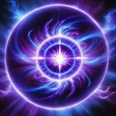 Glowing orb of energy with cosmic swirls in shades of purple and blue creating a futuristic and celestial atmosphere