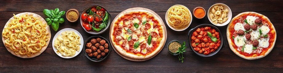 Variety of Italian foods including two pizzas with meatballs and cheese, different types of pasta, fresh basil, cherry tomatoes, and meatballs in bowls arranged on a wooden surface