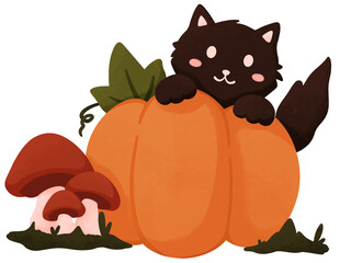 Black cat at pumpkin patch illustration. hand drawn autumn series clip art