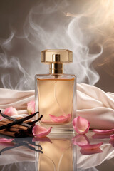 premium feminine perfume styling with transparent rosy glass bottle red flowers vanilla scent and satin fabric placed on reflective background product display advertising mockup design template