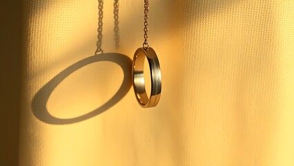 Three elegant wedding bands hanging vertically against a textured linen backdrop, casting soft shadows in golden light.