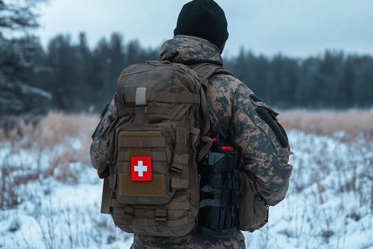 Soldier wearing camouflage uniform and black beanie with large tactical backpack featuring medical cross patch walking through snowy field with forest in background