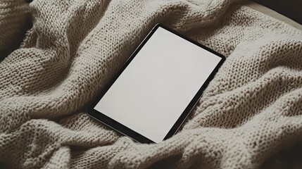 A tablet computer with a blank screen rests on a cream-colored knitted throw blanket, exhibiting a cozy, relaxing atmosphere.  The neutral tones create a serene mood