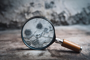 Mold under magnifying glass on walls of apartment, high humidity and its negative impact on health. Damage, respiratory issues, allergies, poor indoor air quality, and need for mold remediation.