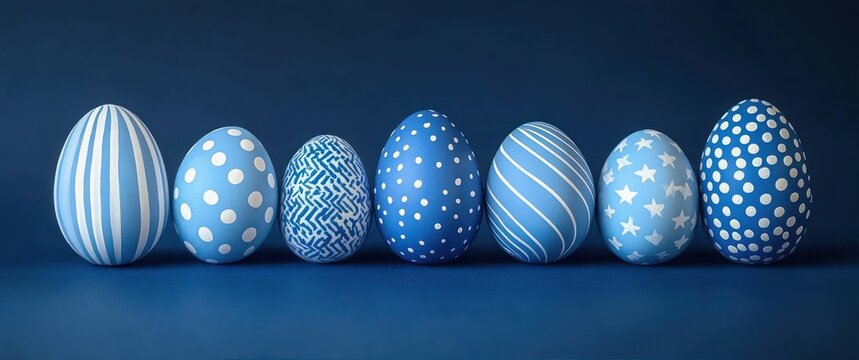 Seven blue Easter eggs with various white patterns including stripes, polka dots, zigzags, swirls, and stars arranged in a row on a blue background, evoking a festive and cheerful mood - Powered by Adobe