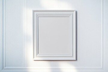 Empty white ornate rectangular picture frame hanging on textured white wall with soft shadows