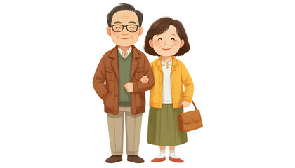 Elderly Asian Couple Smiling in Casual Attire