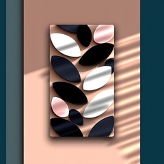 Abstract graphic design, layered ovals,  black, white, rose gold,  soft shadows on beige background