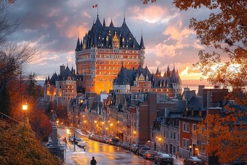 Obraz premium Historic large castle-like building with multiple turrets illuminated at sunset behind a street lined with cars and autumn trees with orange leaves and glowing street lamps
