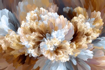 Abstract explosion of soft, feathery, and textured blossoms in beige, light brown, and white on a deeper brown background