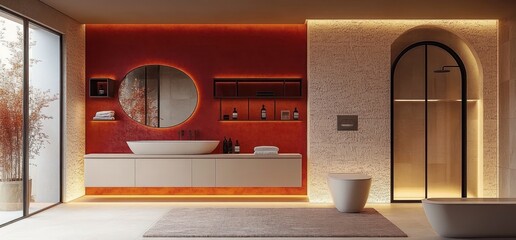 Modern bathroom interior with warm ambient lighting, red accent wall, freestanding bathtub, round mirror, shower area with arched glass door, and minimalist decor
