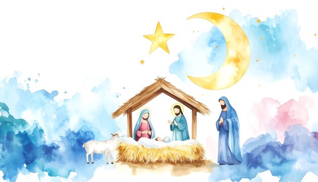 Watercolor Nativity scene with Holy Family - Powered by Adobe
