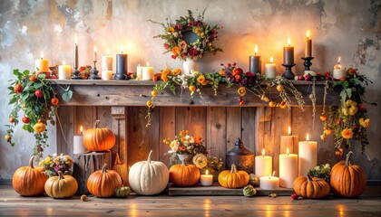 Obraz premium Rustic Autumn Harvest Decor with Pumpkins and Candles