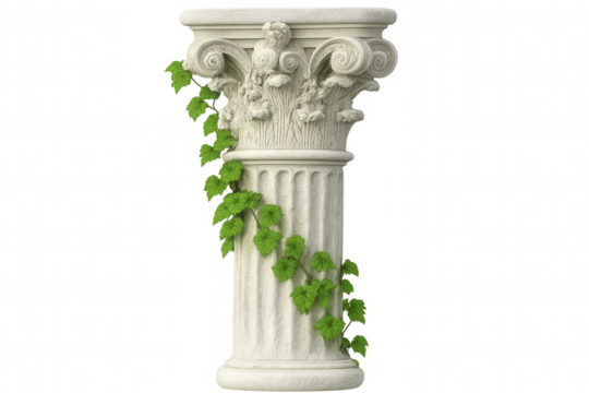 White column with detailed carvings and green climbing plant, isolated on transparent background, ideal for architectural visualization or history-themed projects