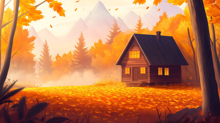 Autumn Morning Light in a Forest Cabin