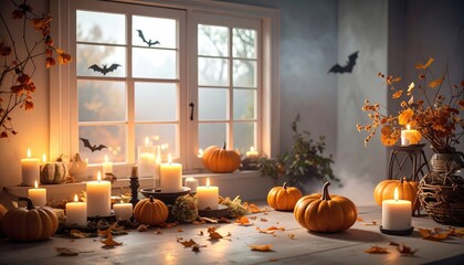 Obraz premium Cozy Halloween Window Display with Pumpkins and Candles