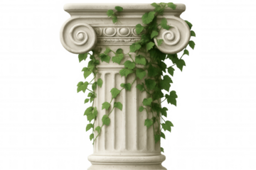 Classic greek style column with climbing plants isolated on transparent background, ideal for architectural visualizations