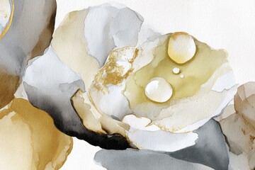 Abstract watercolor blossoms in muted tones of beige, gray, and gold, with subtle drips and textures