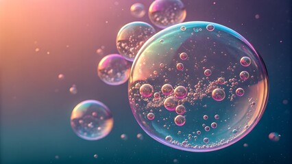 Floating neon micro-bubbles suspended in translucent gel over soft gradient.