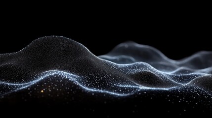 Fototapeta premium Abstract visualization of glowing particles forming smooth, flowing wave-like shapes on a dark background, evoking a sense of calm and mystery