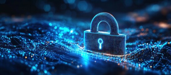 Glowing digital padlock floating over a network of blue circuitry representing data security and cyber protection