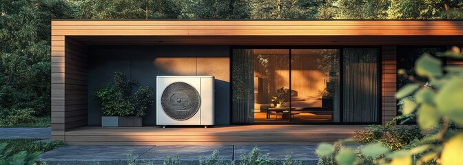 Modern wooden cabin with large windows, outdoor air conditioning unit, surrounded by green trees and bushes during golden hour sunlight