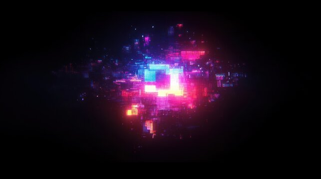 Abstract glowing digital pixels forming a colorful futuristic light pattern on a dark background conveying technological energy and digital innovation