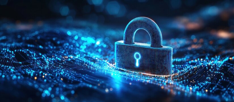 Glowing digital padlock floating over a network of blue circuitry representing data security and cyber protection