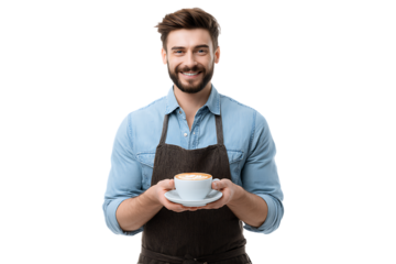 Smiling Barista Holding Cup of Coffee in a Cozy Cafe Setting with Friendly Atmosphere and Warm Vibes
