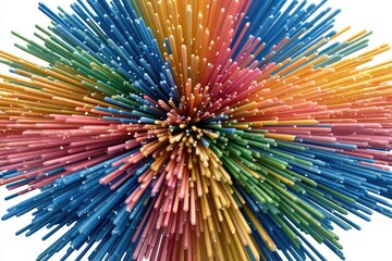 Colorful, radiating, cylindrical forms burst from a central point against a white background
