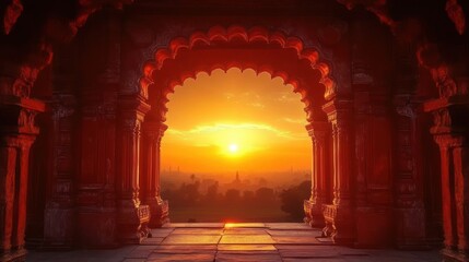 Fototapeta premium Sunset view through an intricate ancient archway revealing distant trees, mist, and a glowing orange sky, evoking a serene and timeless atmosphere