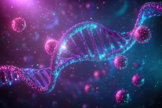 Close-up vibrant 3D representation of a glowing DNA double helix strand surrounded by spherical virus-like particles in a dynamic, colorful molecular environment - Powered by Adobe