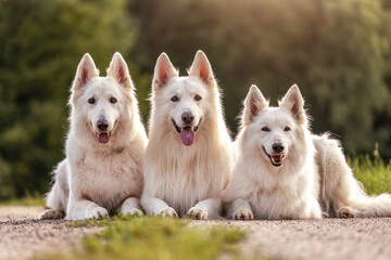 Three White Swiss Shepherds lying side by side on a country path