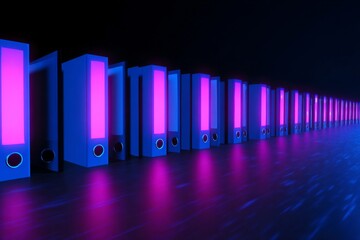 Obraz premium A futuristic design of glowing filing cabinets in a row, illuminated by neon lights.