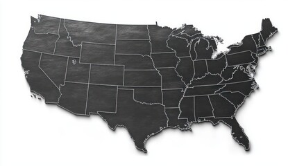 three-dimensional map of the contiguous united states with state boundaries in white lines on a dark metallic textured surface casting soft shadows on a white background