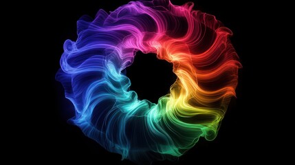 Vibrant multicolored swirling abstract ring with flowing smoke-like patterns on black background, evoking energy and motion
